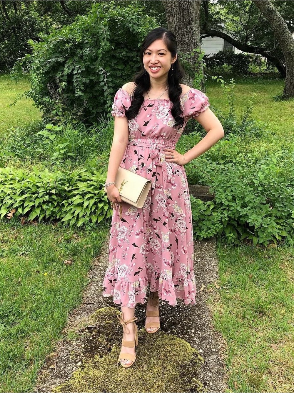 SHEIN Pink Floral Off-Shoulder Midi Dress with Tie Waist and Ruffle Hem